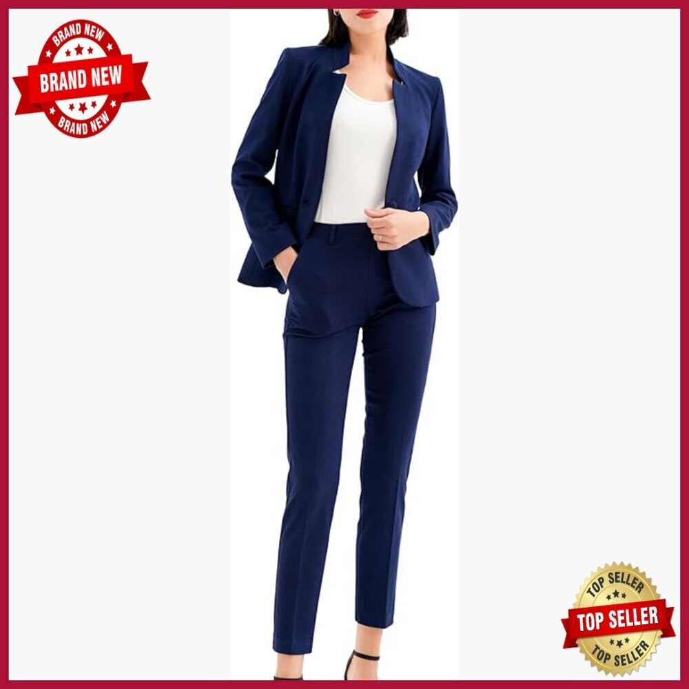 Professional Blazer Pant Suit Set with Stand Up Collar and Elastic Waist